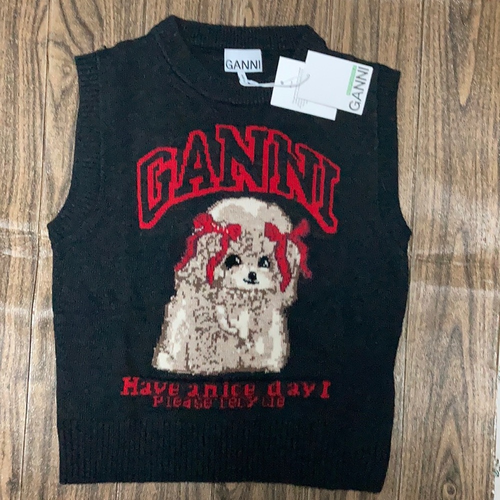 Ganni Black Sweater with Red and White Dog Design